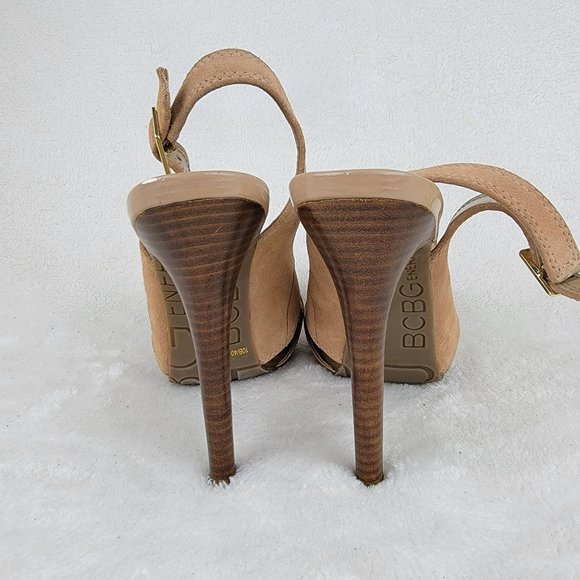 BCBGeneration Tan Slingback Heels with Peep-Toe Design - Picture 4 of 8